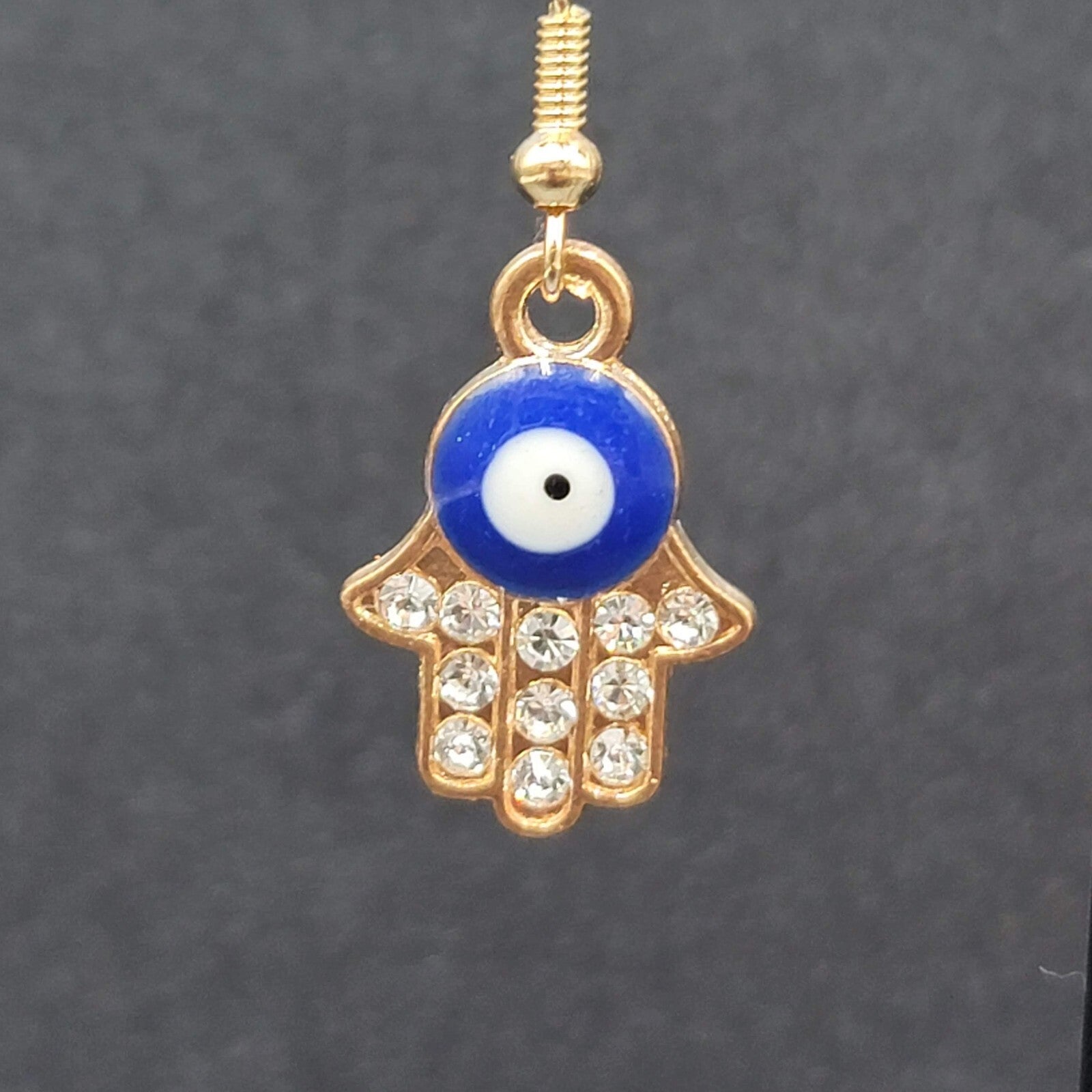 Hamsa Evil Eye Pierced Earrings Gold tone Enamel Rhinestone Dangle 7/8" New