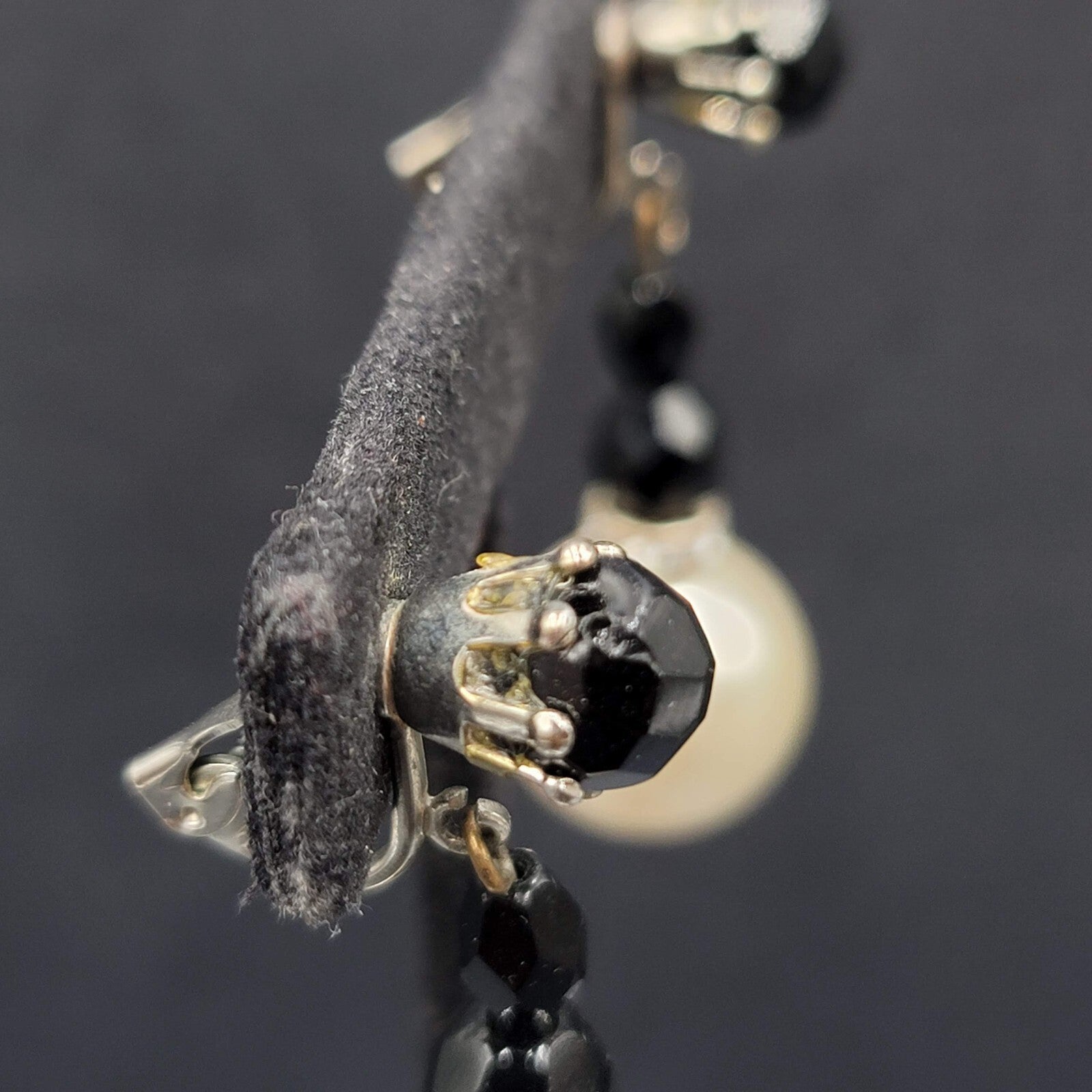 Vintage Clip on Earrings Black White Dangle Beads 1.5"