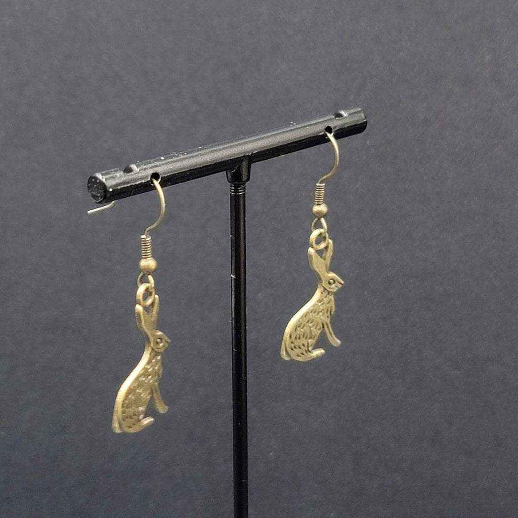 New BUNNY RABBIT Pierced Earrings Bronze tone Dangle Embossed 1"