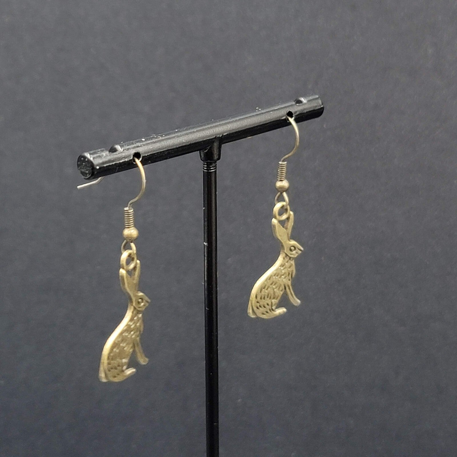 New BUNNY RABBIT Pierced Earrings Bronze tone Dangle Embossed 1"