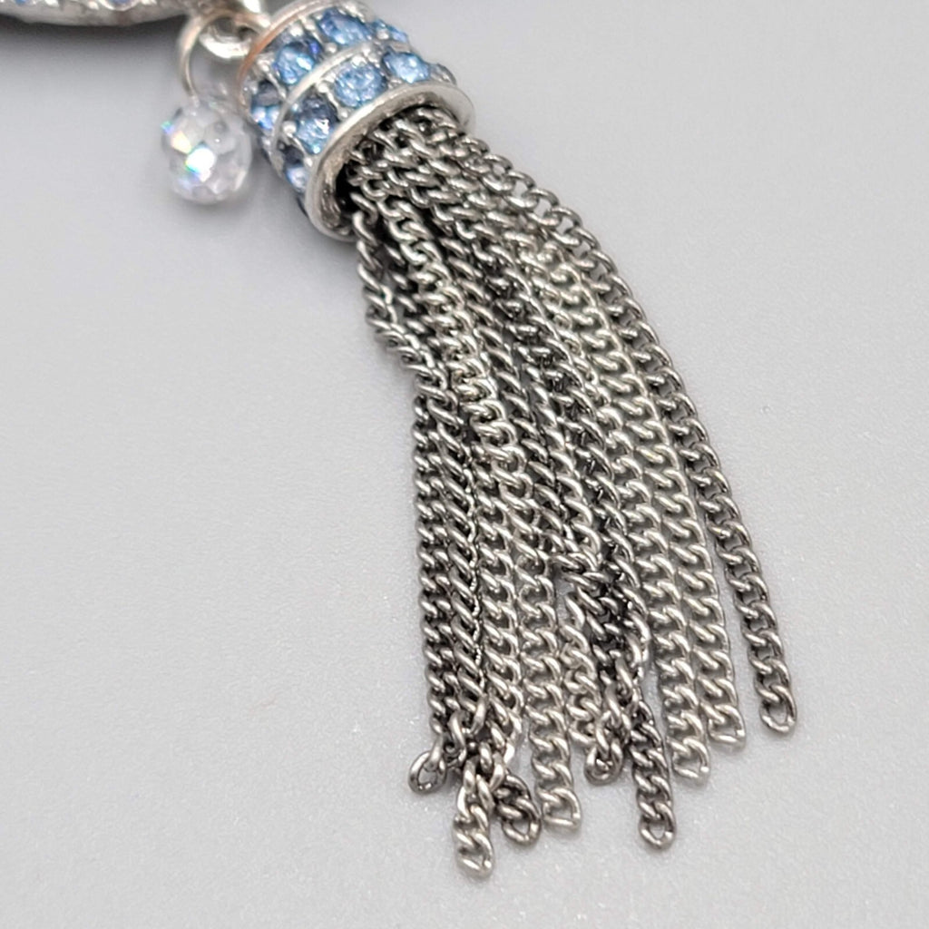 Blue Crystal Rhinestone Bracelet Layered Bead Elastic Silver tone Tassel Chains