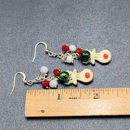 Christmas Pierced Earrings Silver tone Reindeer Jingle Bells 2"