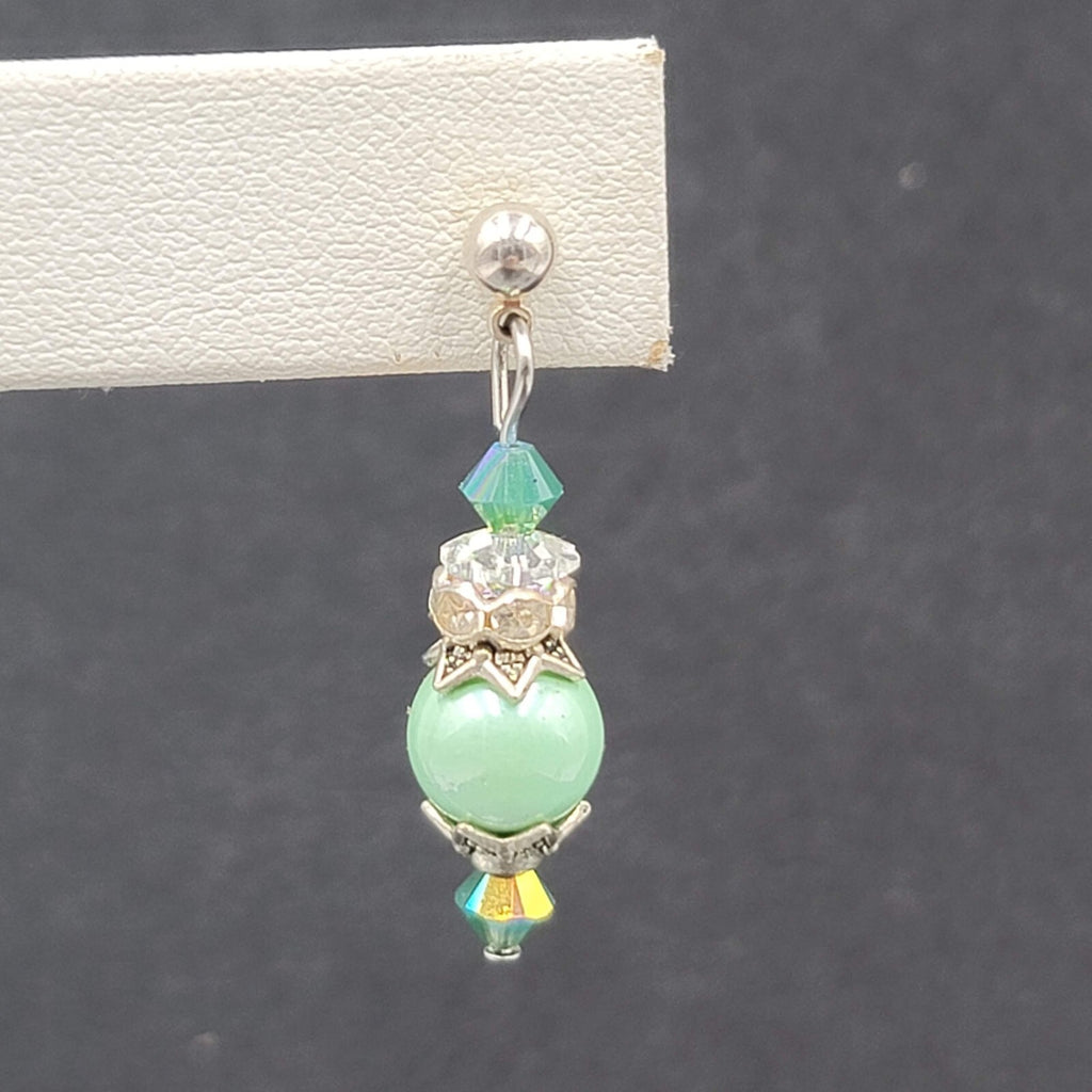 Pierced Earrings Silver tone Green Capped Beaded Dangle 1"