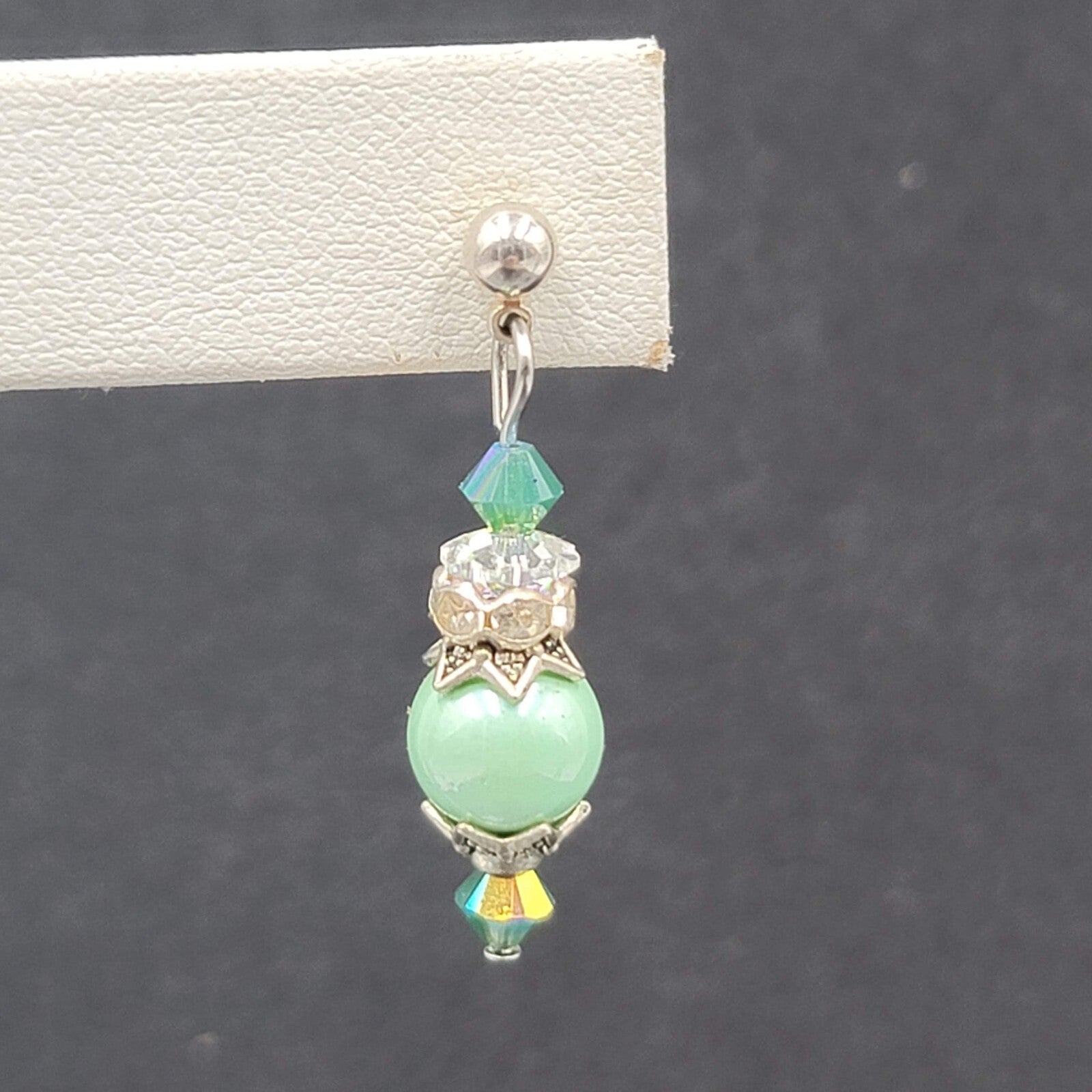 Pierced Earrings Silver tone Green Capped Beaded Dangle 1"