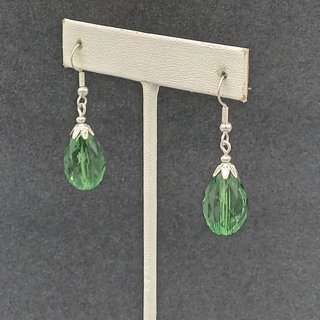 Pierced Earrings Silver tone Acrylic Green Faceted Teardrop Dangle 1"