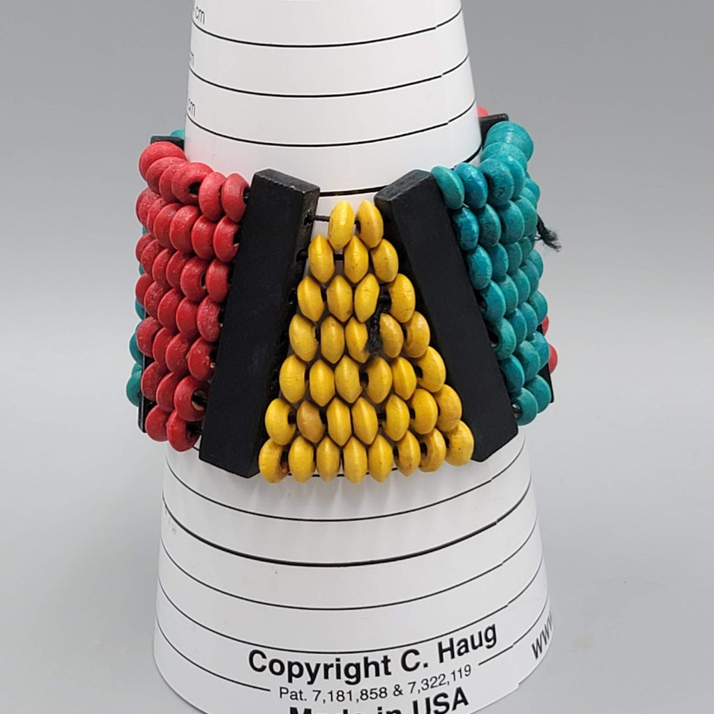 Wide Wood Bead Bracelet Teal Yellow Red 2" x 7"