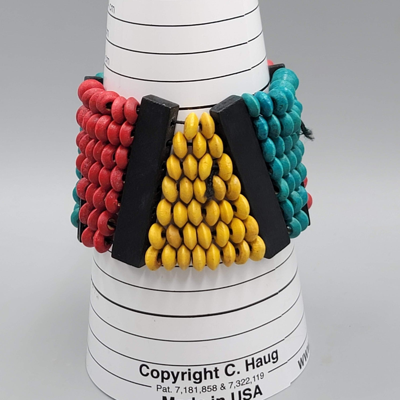 Wide Wood Bead Bracelet Teal Yellow Red 2" x 7"