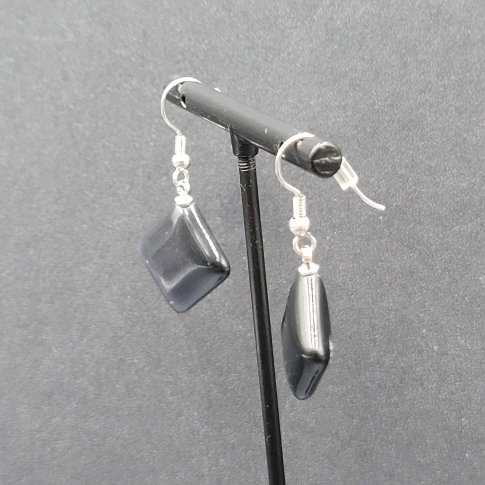 Pierced Earrings Purple Gray Stone Satin Finish Dangle Square Silver tone 3/4"
