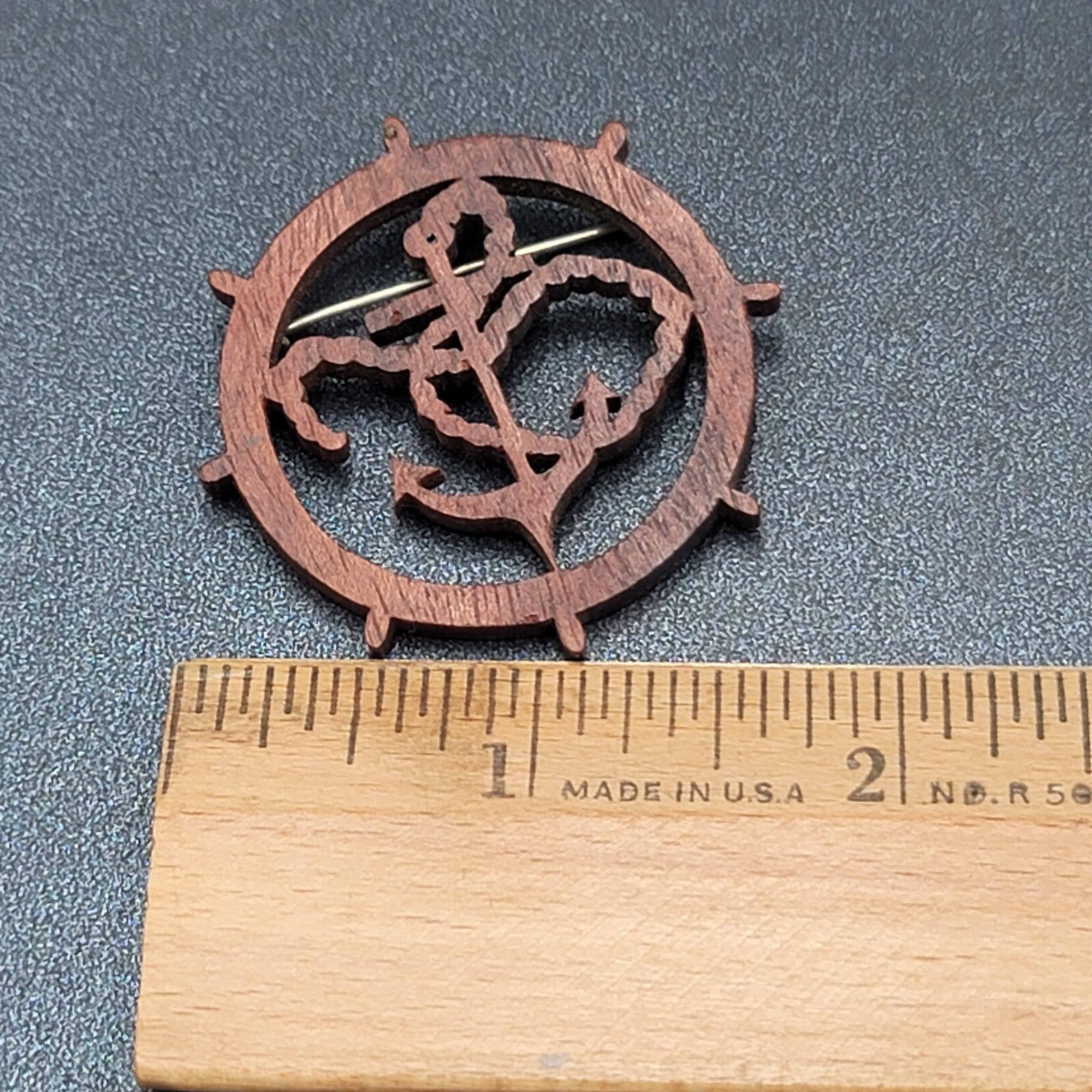 Vintage Brooch Wood Scroll Work Anchor Nautical Estate Jewelry 1.75"