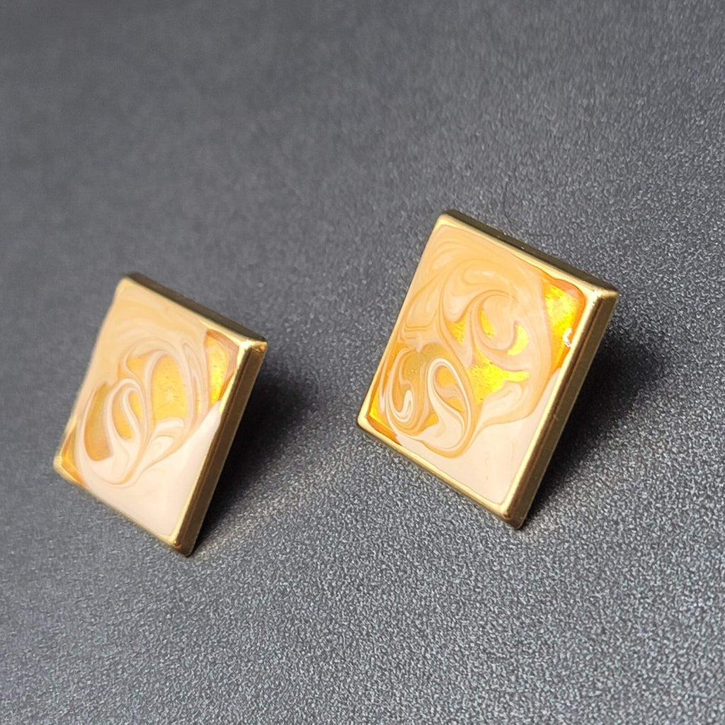 Vintage Pierced Earrings Gold tone Swirl White Gold Enamel Square Drop 1 3/8"