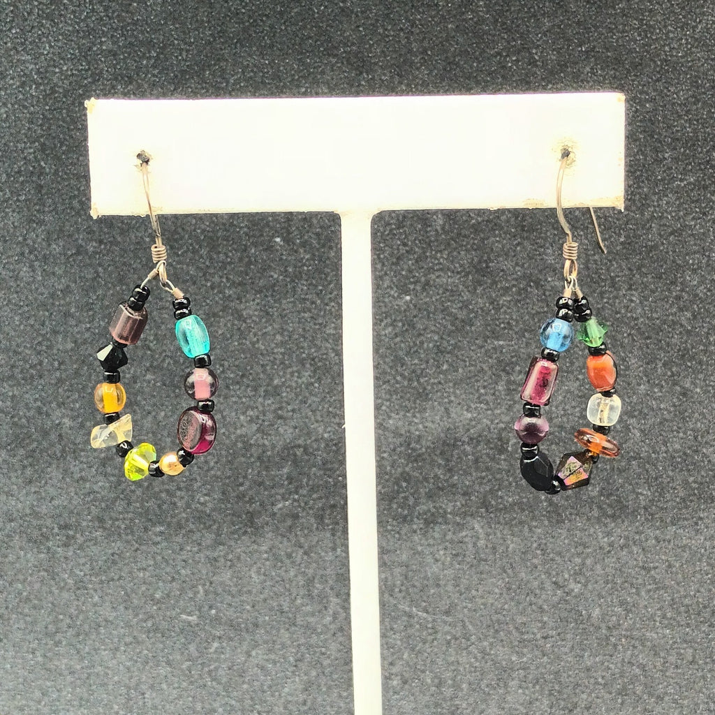 Pierced Earrings Silver tone End of Day Beads Multicolor Loop Dangle 1 1/8"
