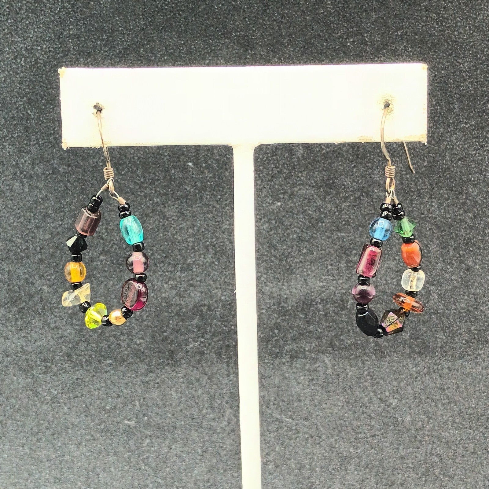 Pierced Earrings Silver tone End of Day Beads Multicolor Loop Dangle 1 1/8"