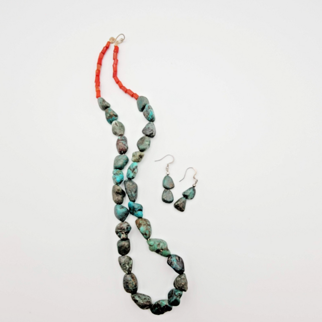 Native American Turquoise Nugget Necklace Coral Bead Matching Earrings 22 in