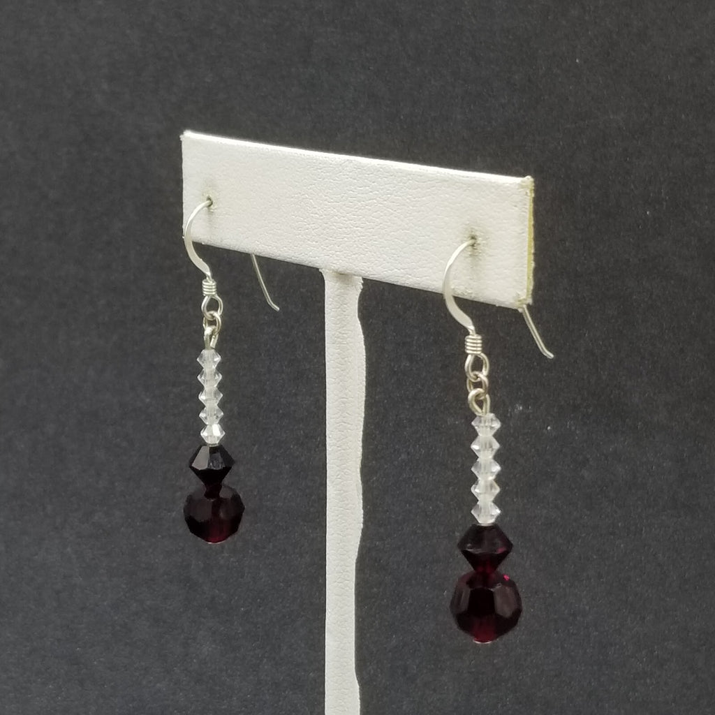 Pierced Earrings Silver tone Red Crystal Faceted Bead Dangle 1"