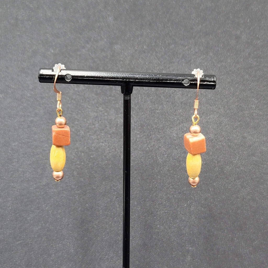 Pierced Earrings Red Stone Wood Bead Copper tone Dangle  1"