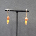Pierced Earrings Red Stone Wood Bead Copper tone Dangle  1"