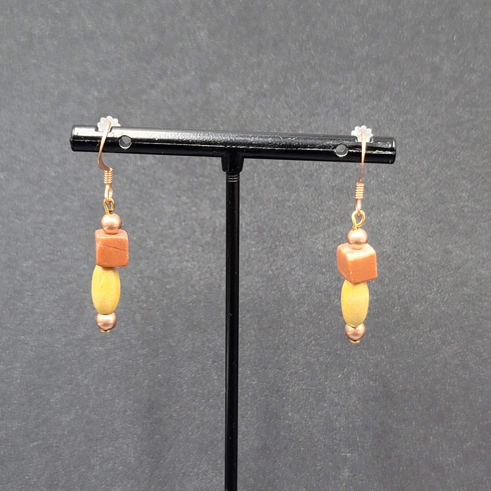 Pierced Earrings Red Stone Wood Bead Copper tone Dangle  1"