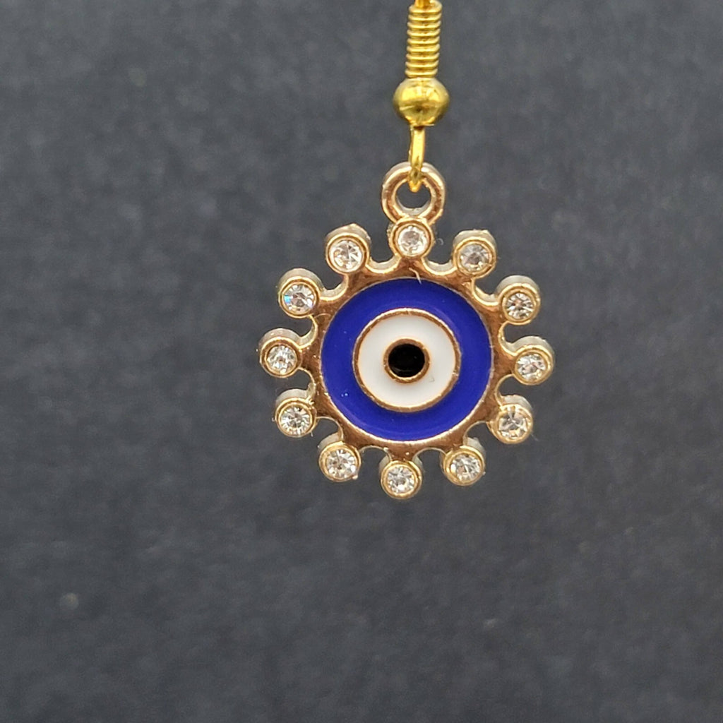 New Evil Eye Rhinestone Pierced Earrings Crystal Gold tone Blue Enamel 3/4"