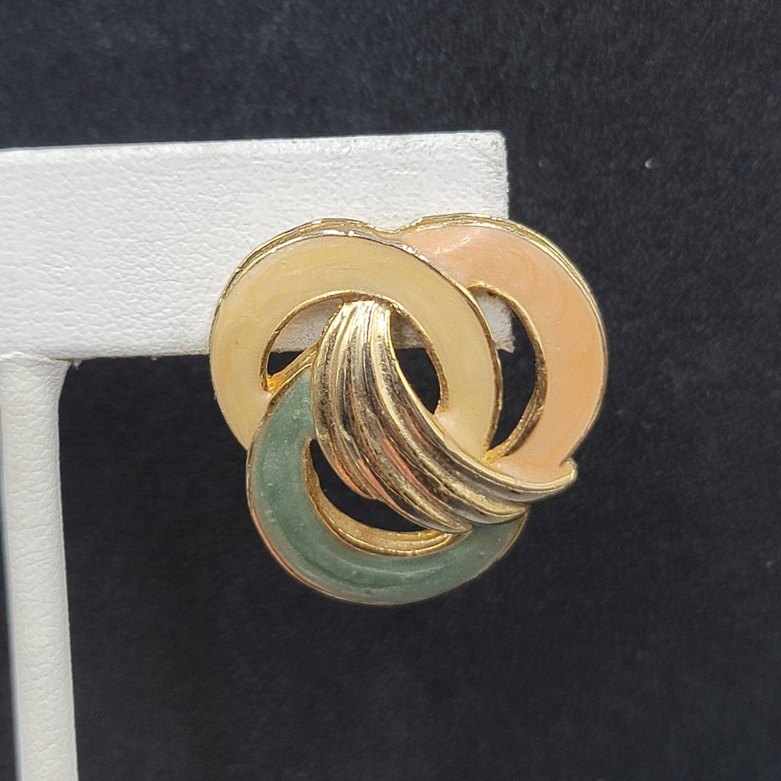 Vintage Pierced Earrings Tan Pink Green Swirl Enamel Gold tone Drop 1 1/8"