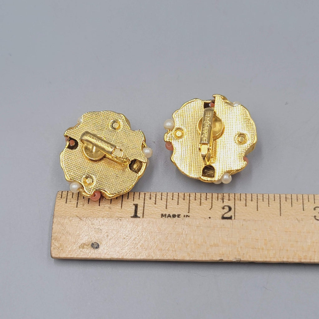 Vintage Avon Clip on Earrings Gold tone Pink White Bead Drop 1"