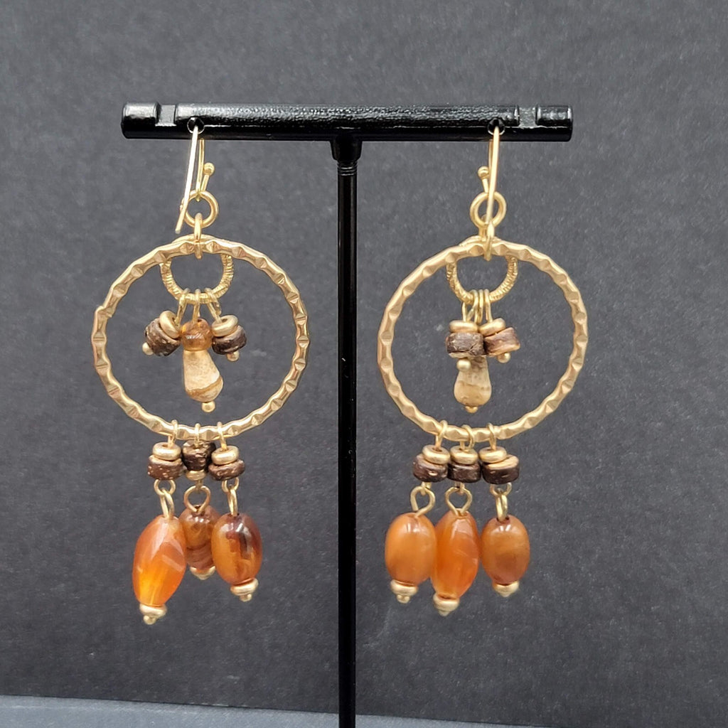 Pierced Earrings Gold tone Natural Colored Acrylic Beads Coconut Shell Bead 2.5"