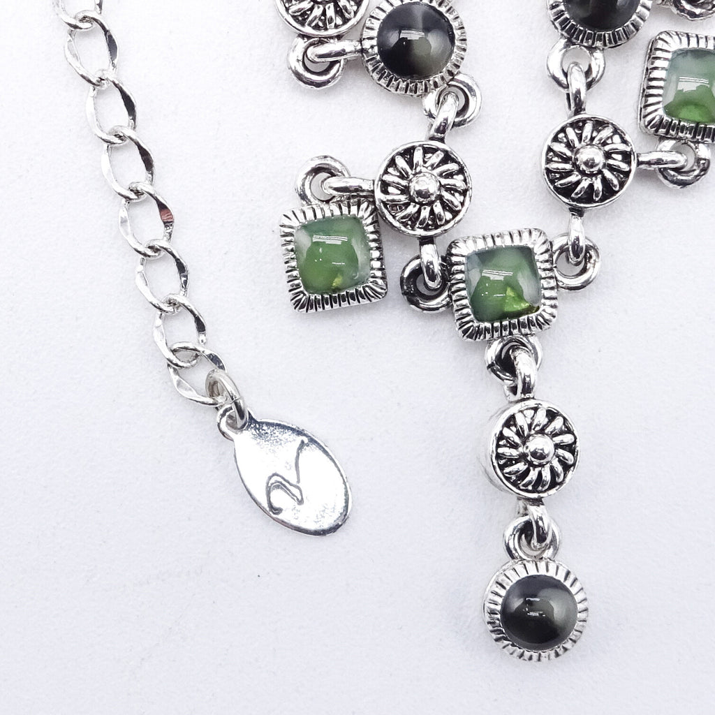 Signed Silver tone Chain Green Enamel Dangle Waterfall Accents 16" - 17.5"