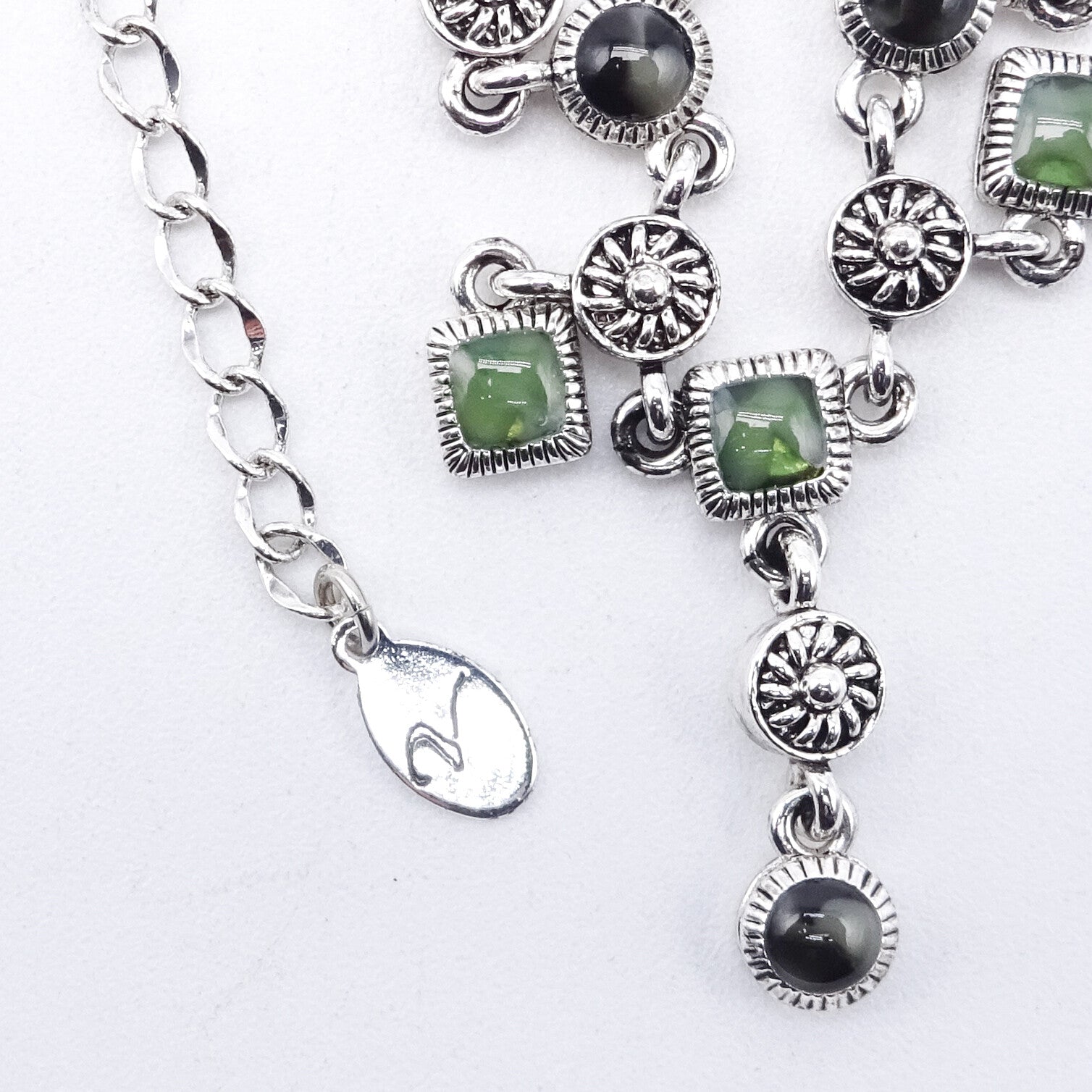 Signed Silver tone Chain Green Enamel Dangle Waterfall Accents 16" - 17.5"