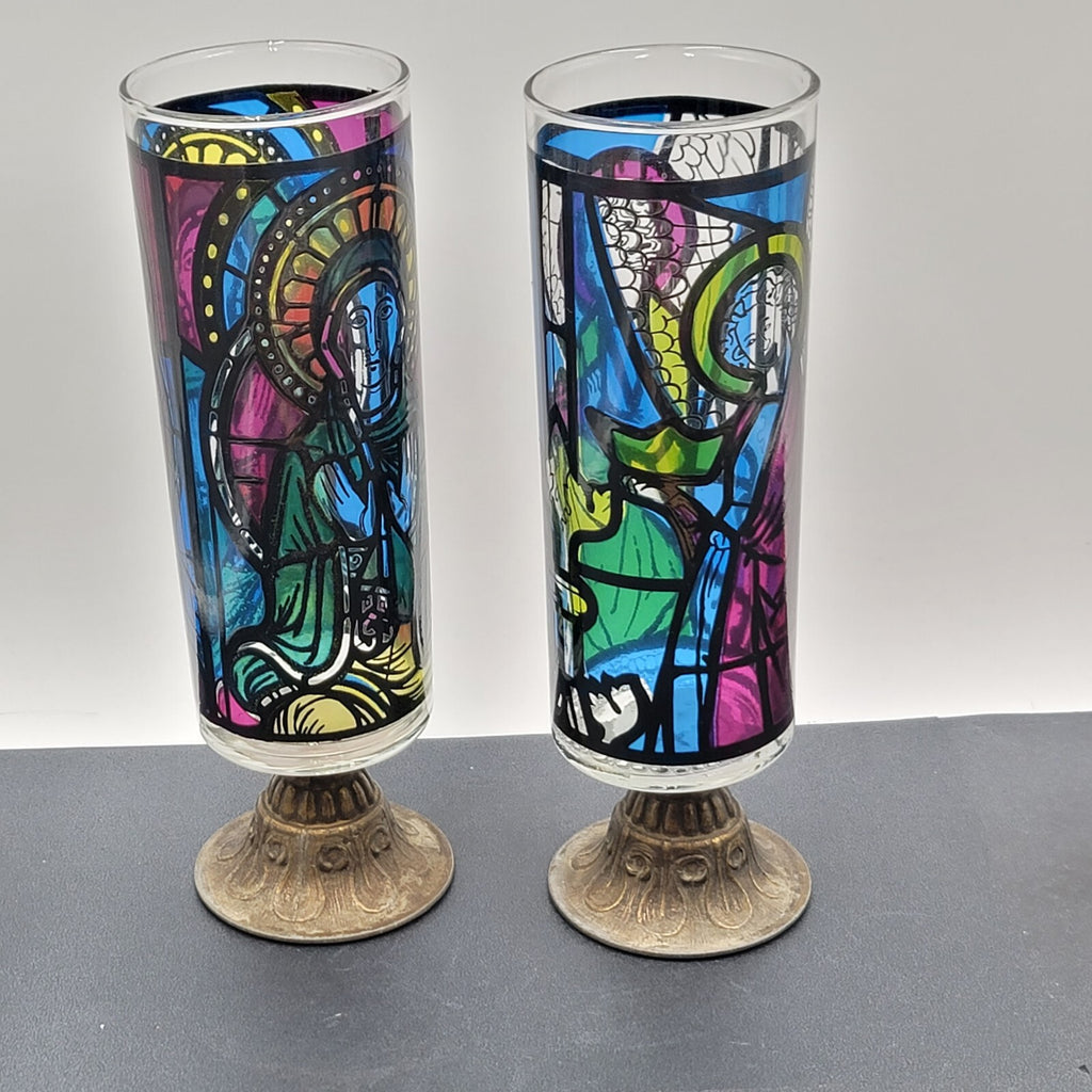 Stained Glass Mosaic Look Candle Holders Brass Base Nu Trend Religious Set of 2