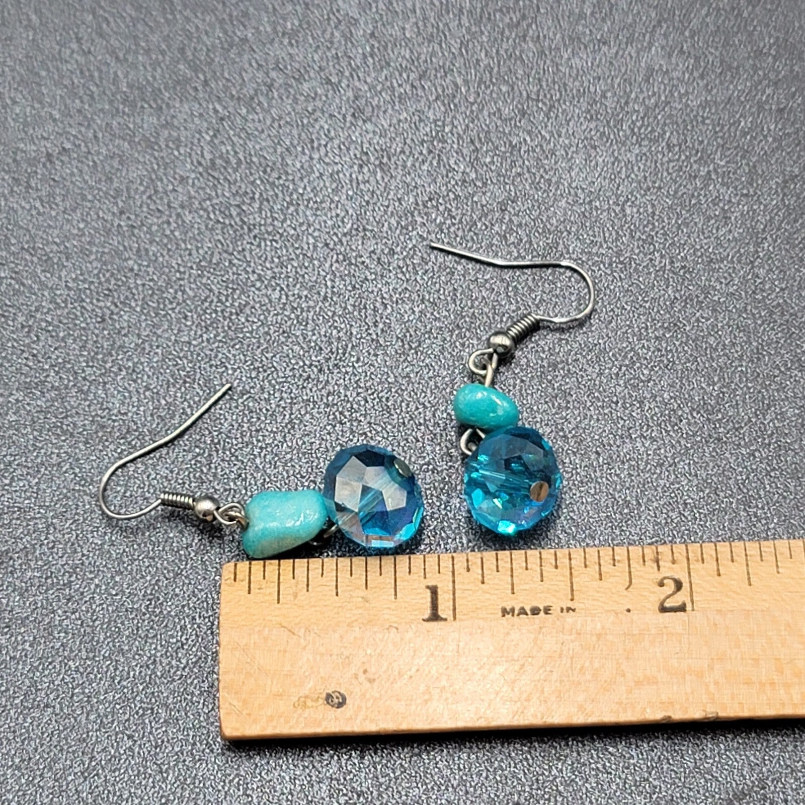 Pierced Earrings Silver tone Turquoise Stone Blue Crystal Bead Dangle 7/8"