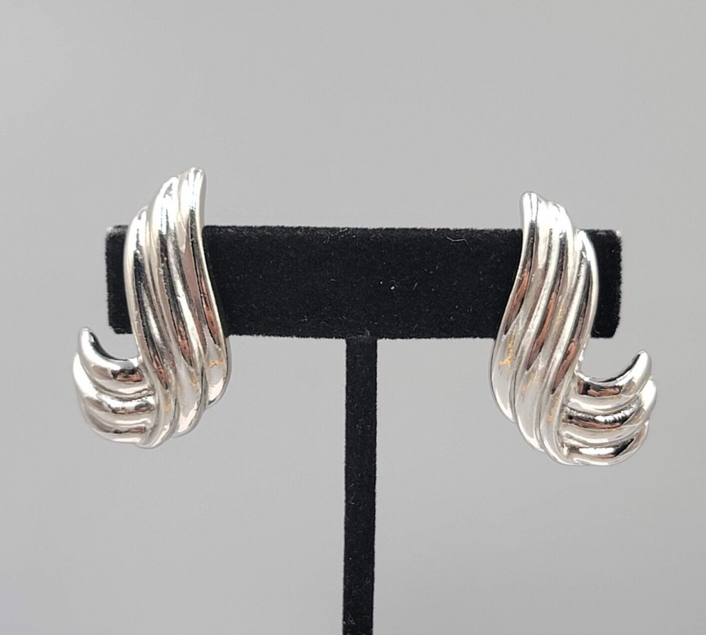Vintage Clip on Earrings Silver tone Swirl Climber 1 3/8"