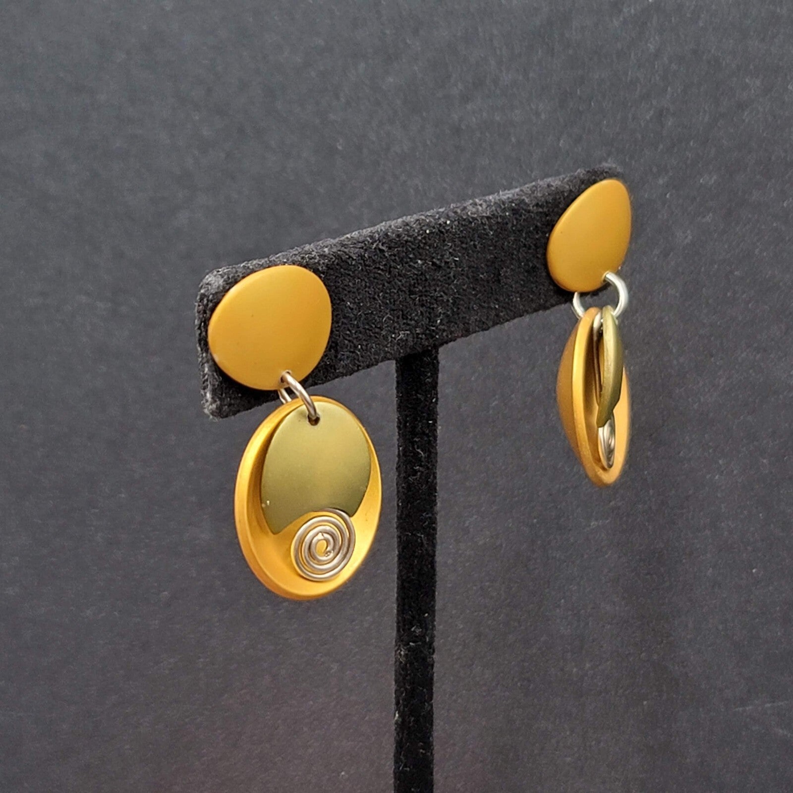 Pierced Earrings Brushed Gold tone Gold Silver Accent Modernist Dangle  1 3/8"