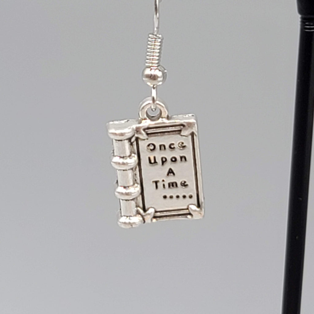 Book Pierced Earrings Once Upon a Time Silver tone Dangle NEW 5/8"
