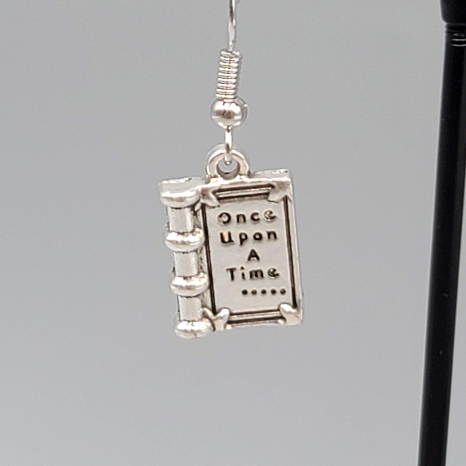 Book Pierced Earrings Once Upon a Time Silver tone Dangle NEW 5/8"