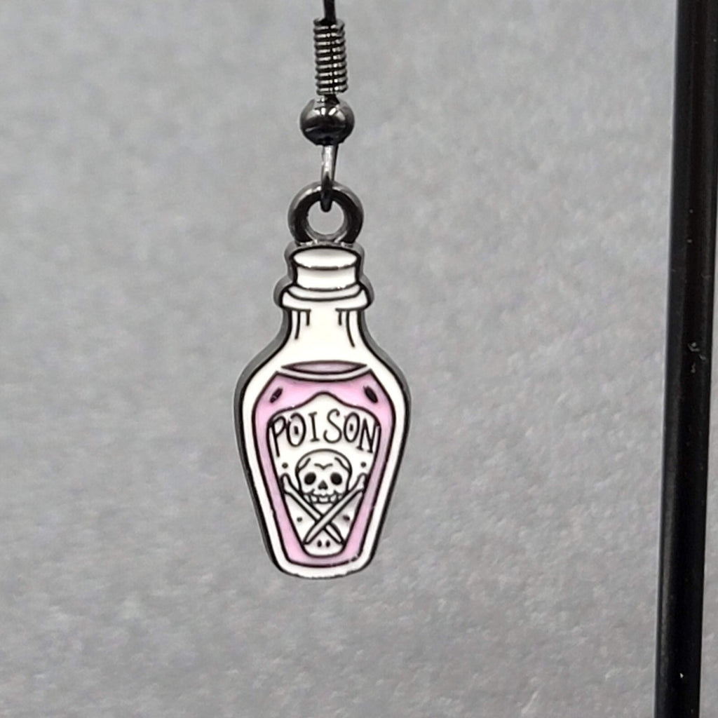 Poison Pierced Earrings Purple Black White Enamel Dangle 7/8" 