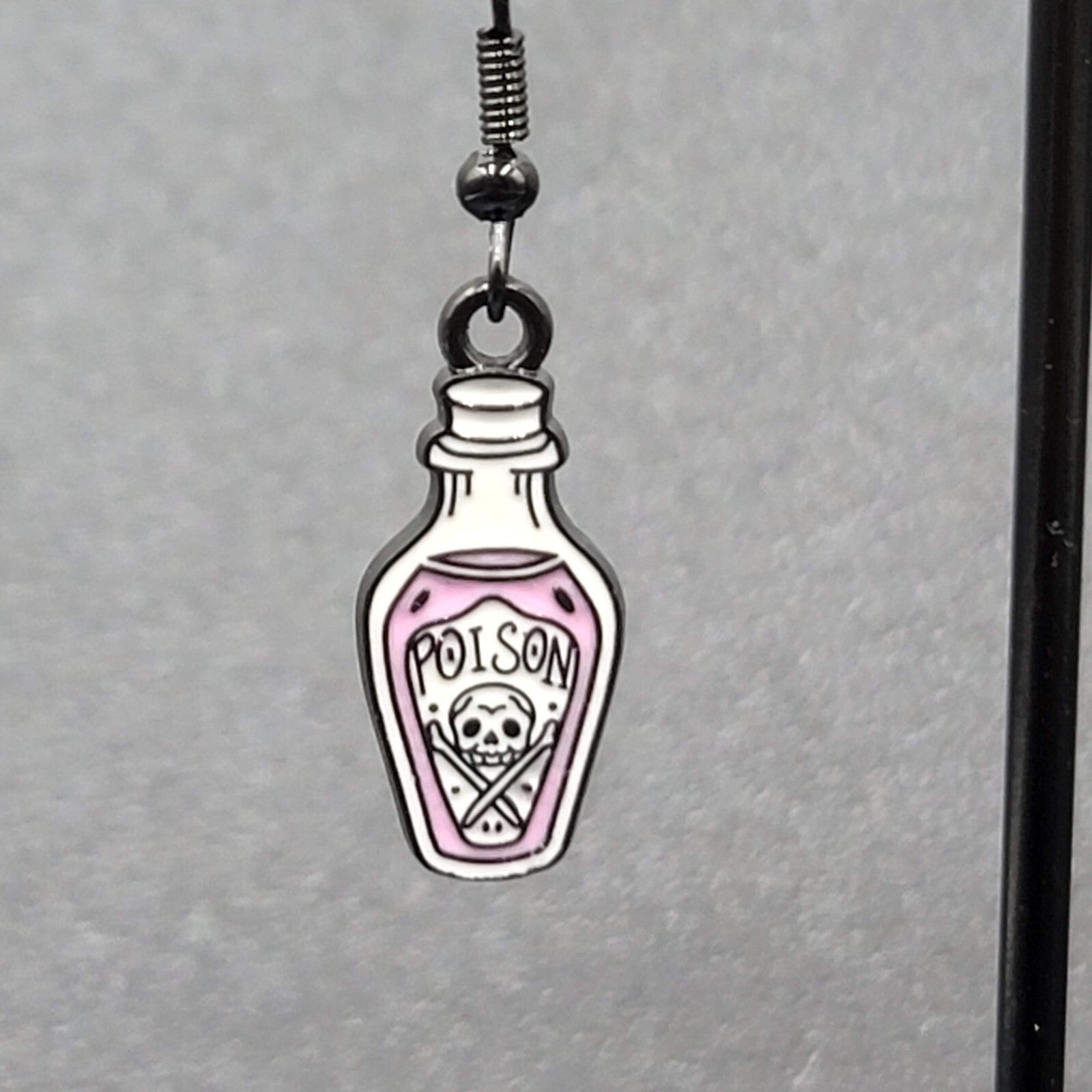 Poison Pierced Earrings Purple Black White Enamel Dangle 7/8" 