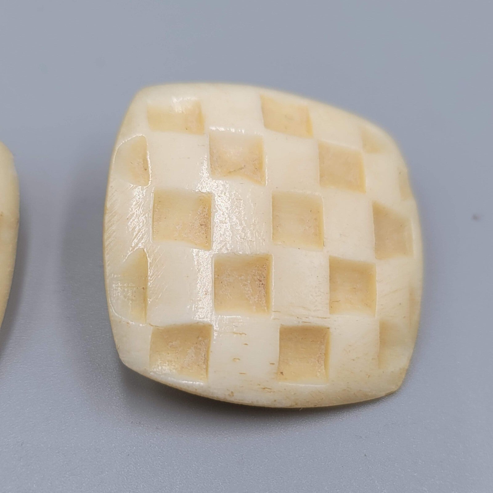 Vintage Clip on Earrings Hand Carved Checkered Square Drop 1.25"