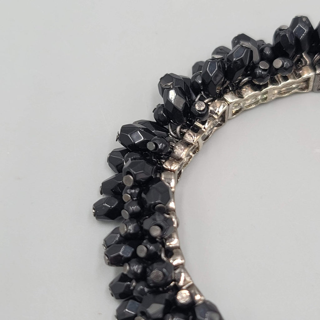 Black Glass Cluster Dangle Bead Bracelet Silver tone Elastic 6.75"