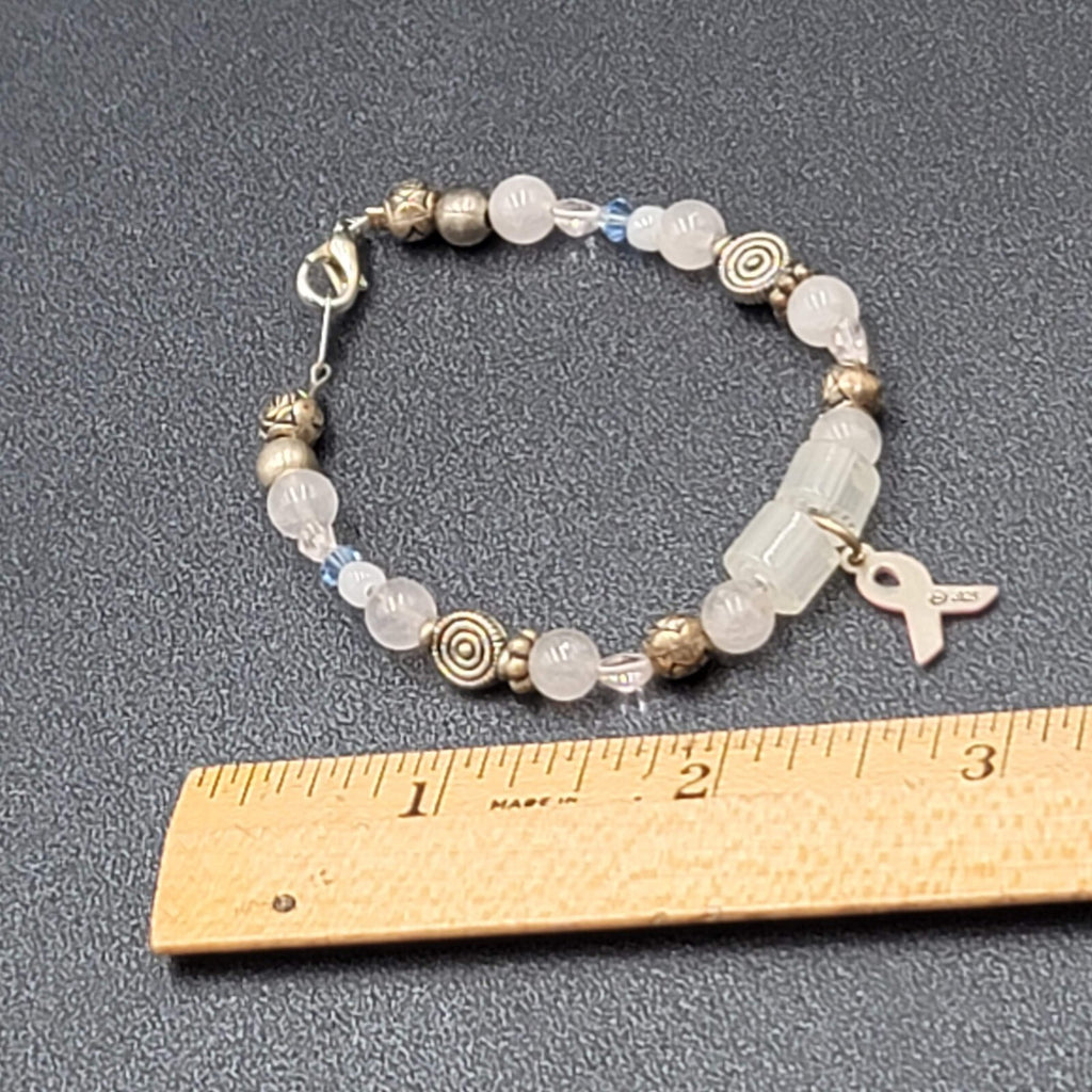 Sterling Breast Cancer Awareness Charm Bracelet Silver tone Beaded 7"