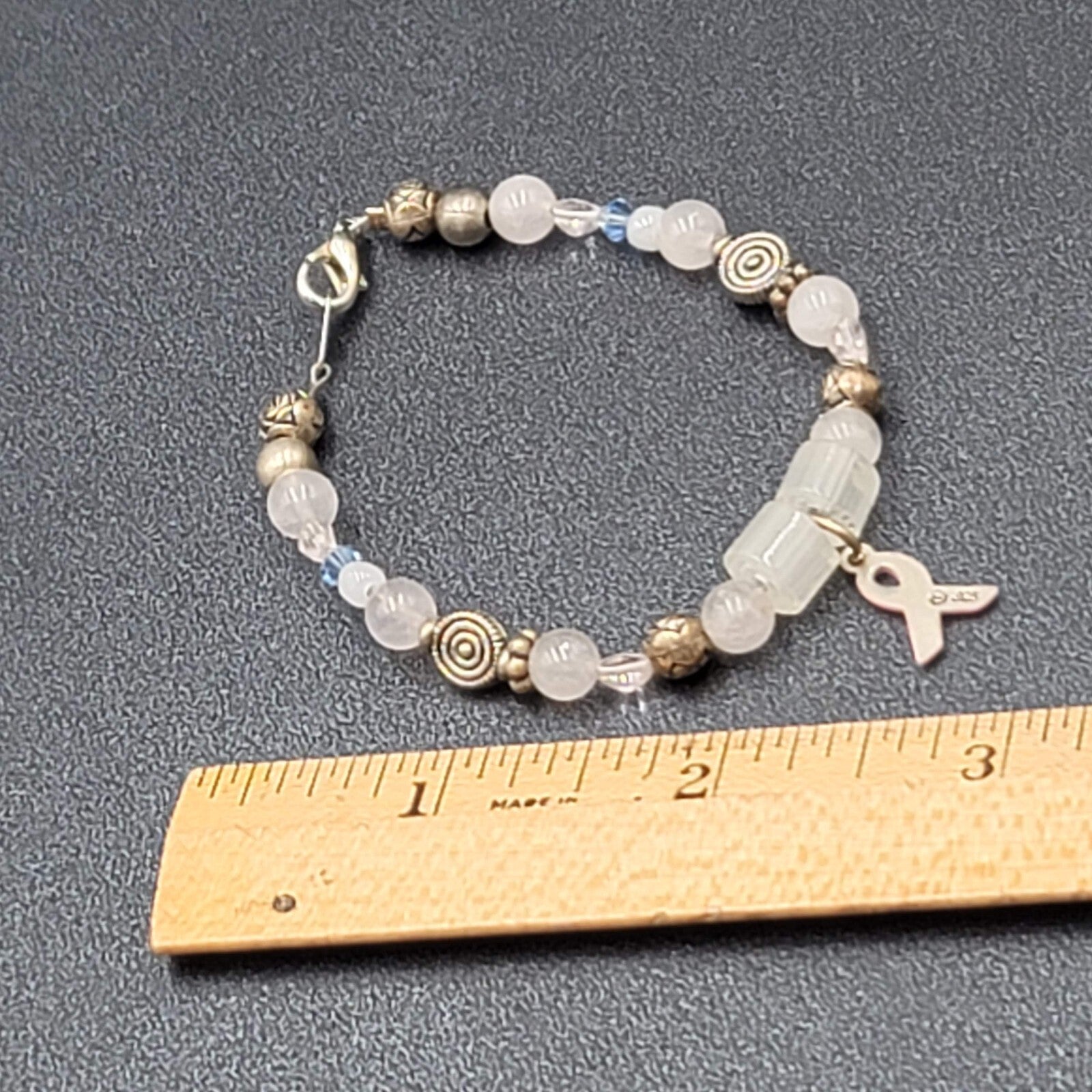 Sterling Breast Cancer Awareness Charm Bracelet Silver tone Beaded 7"