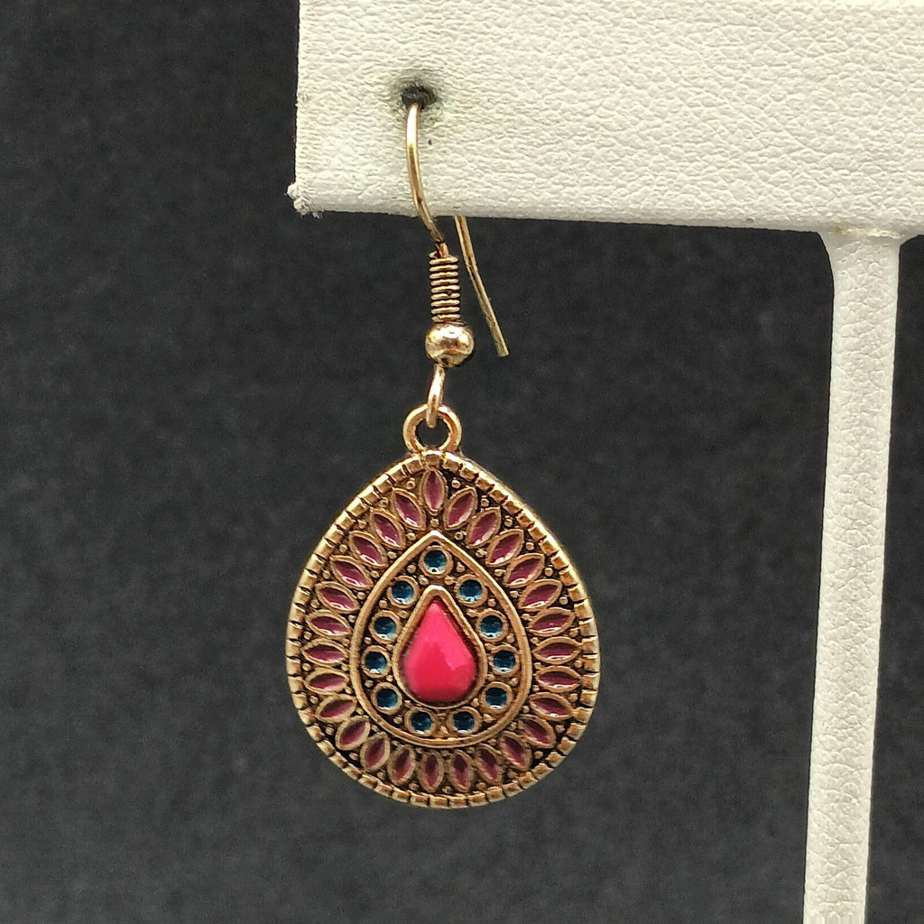 Pierced Earrings Gold tone Faceted Red Acrylic Teardrop Dangle 1"