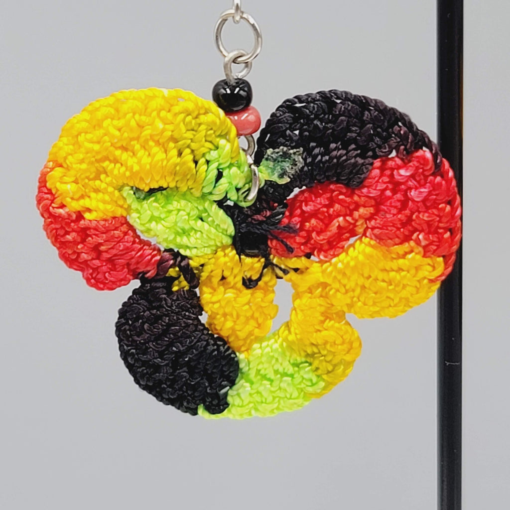 Crochet Pierced Earrings Red Black Yellow Green Dangle 1.5"