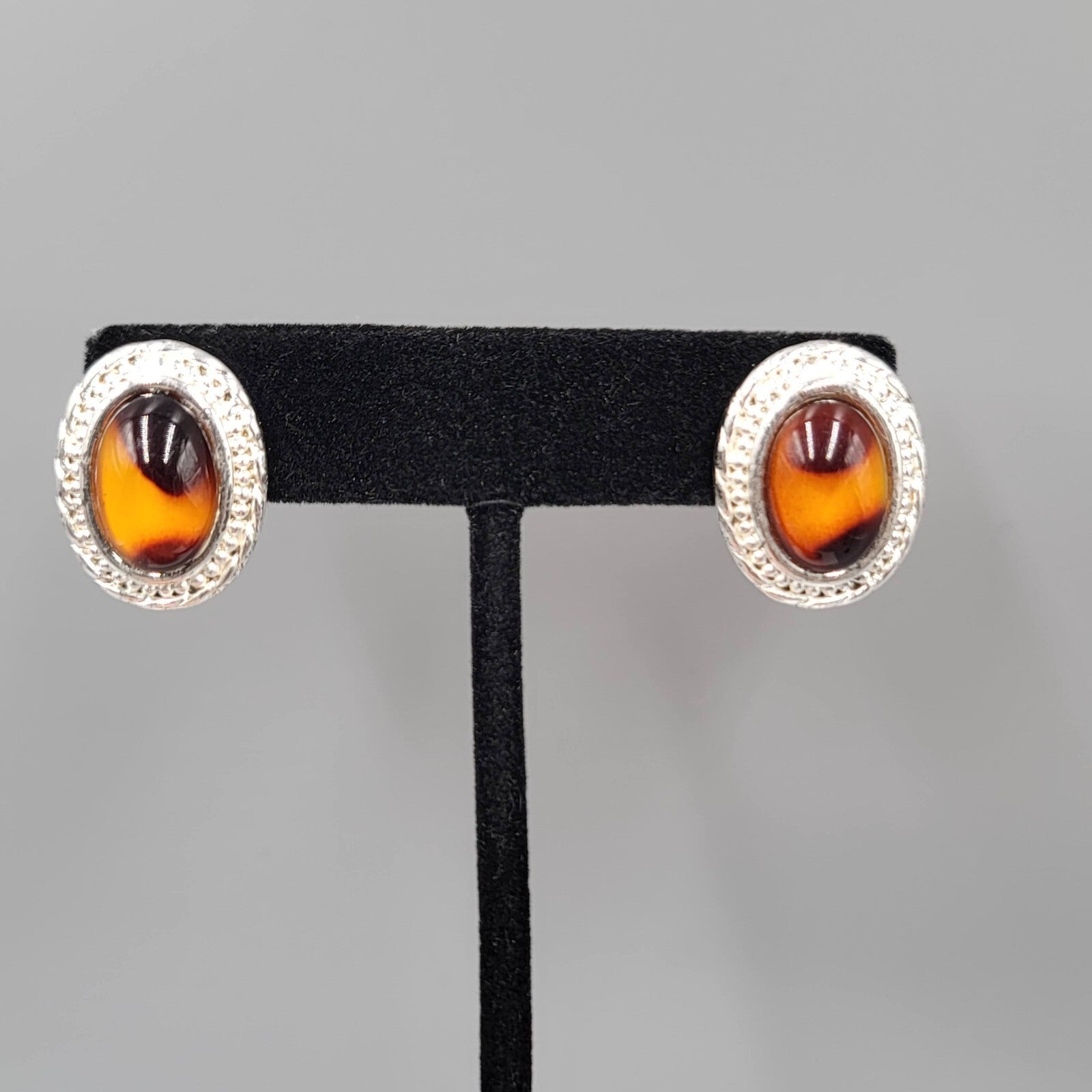 Pierced Earrings Silver tone Acrylic Faux Tortoise Cabochon Oval Drop 3/4"