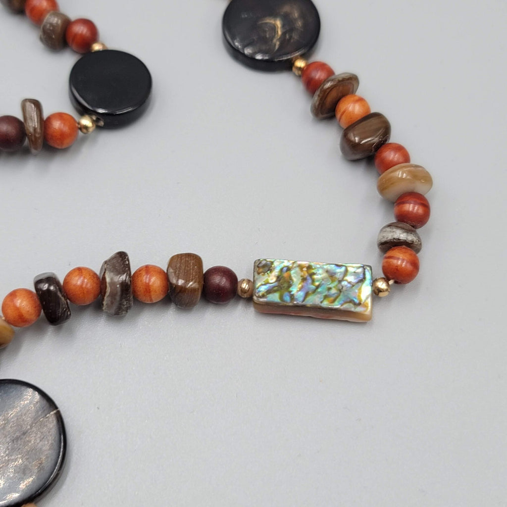 Stone Bead Necklace Abalone Shell Brown Orange Red Long 32"