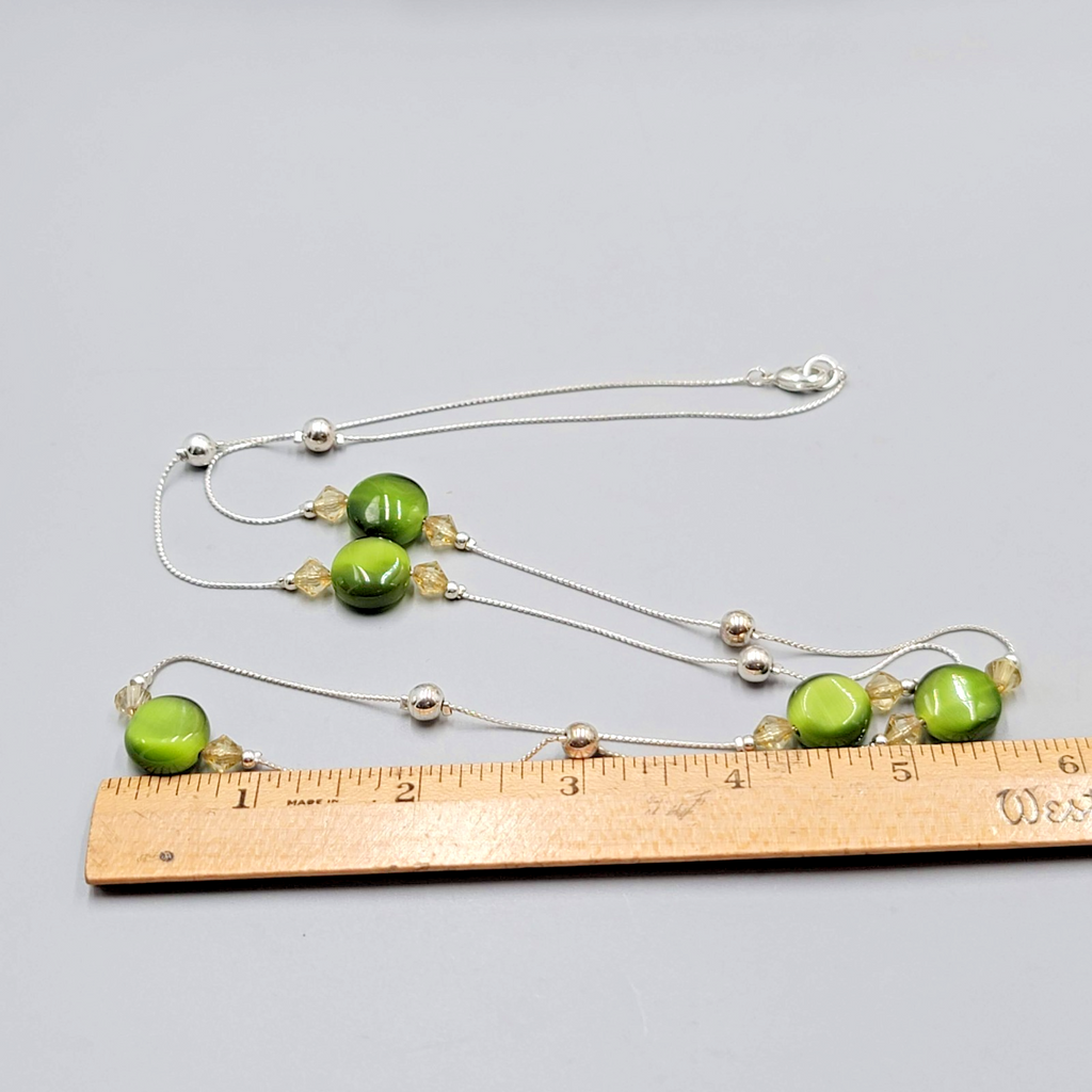 Green Cats Eye Glass Station Bead Necklace Silver tone Long 34"