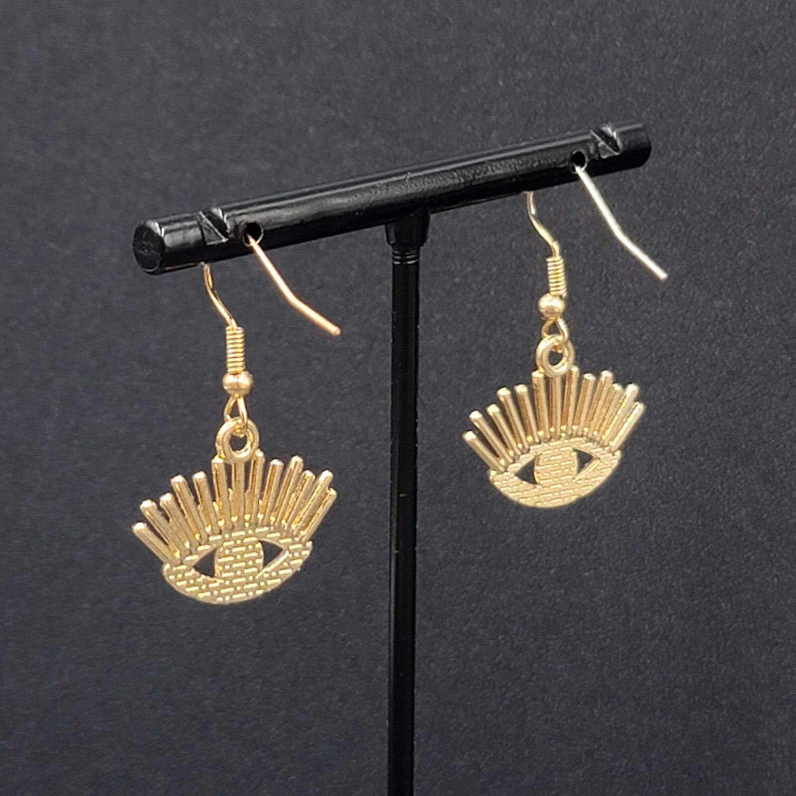 New Evil Eye Pierced Earrings Gold tone Enamel Dangle Eyelashes 5/8"