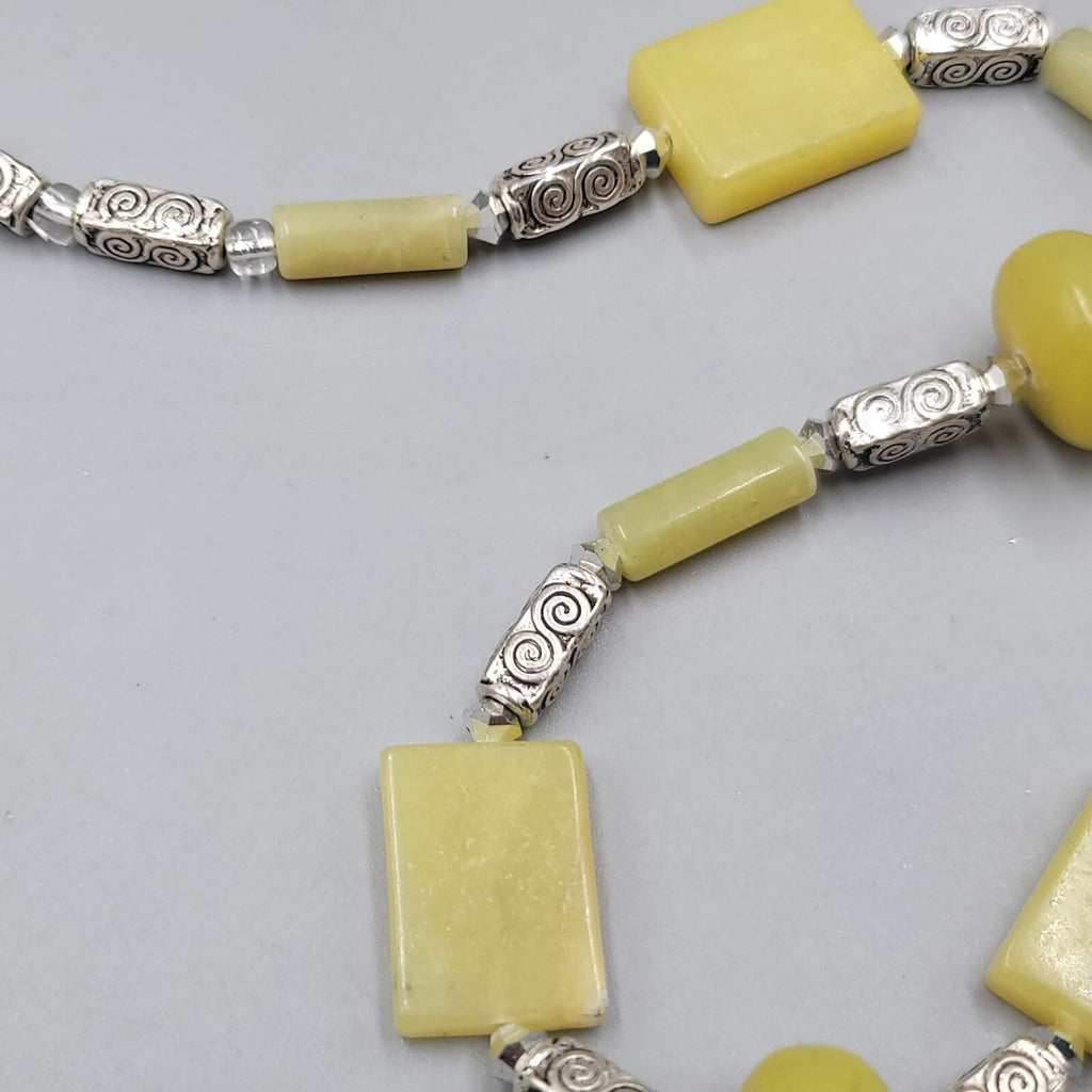 Artisan Light Green Stone Bead Boho Necklace Silver tone 18"