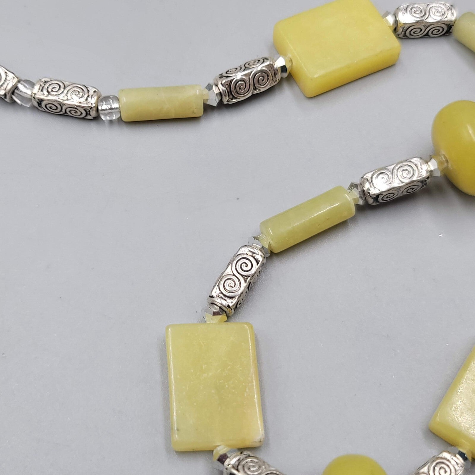 Artisan Light Green Stone Bead Boho Necklace Silver tone 18"