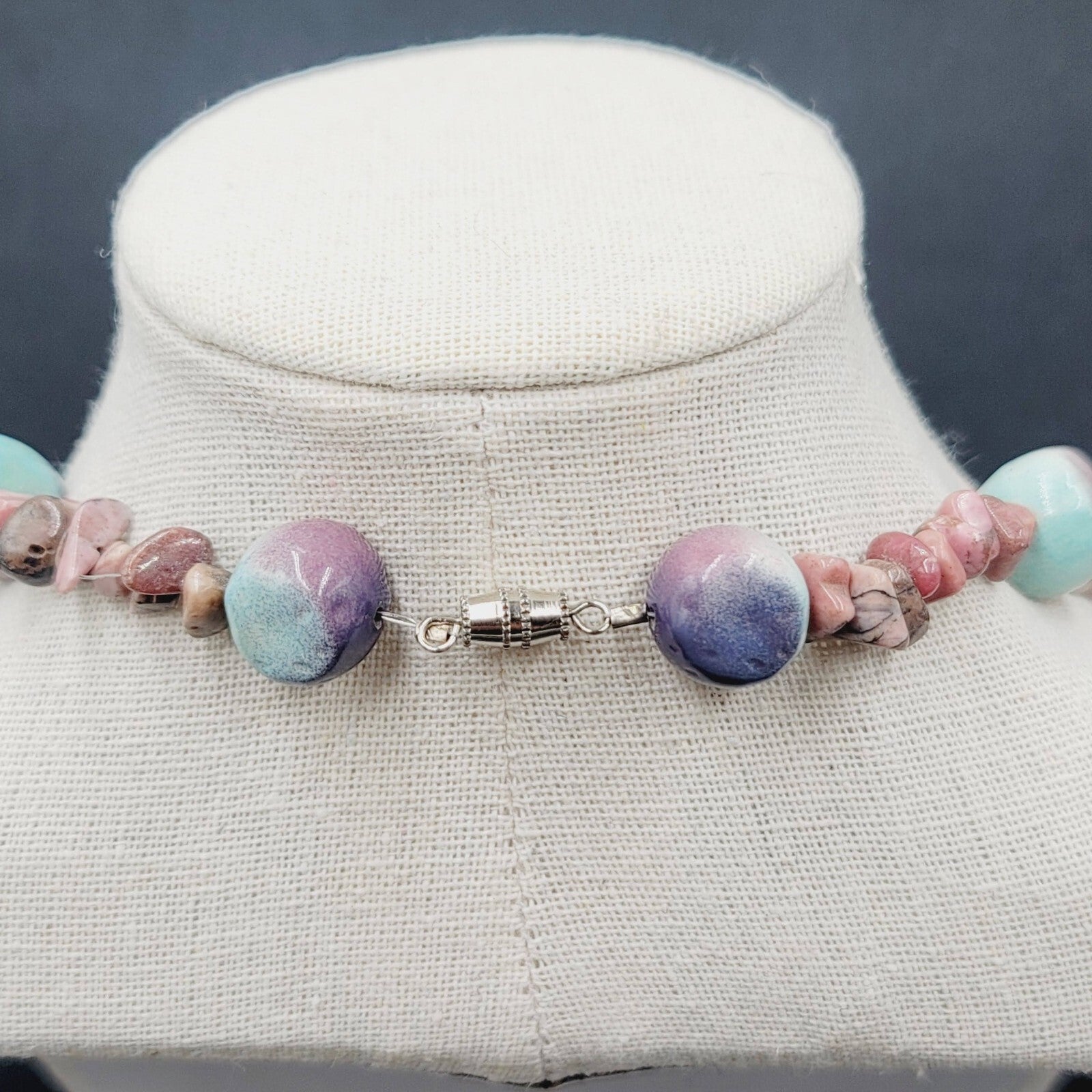 Pink Agate Stone and Pottery Art Bead Necklace 26" Barrel Clasp Artisan