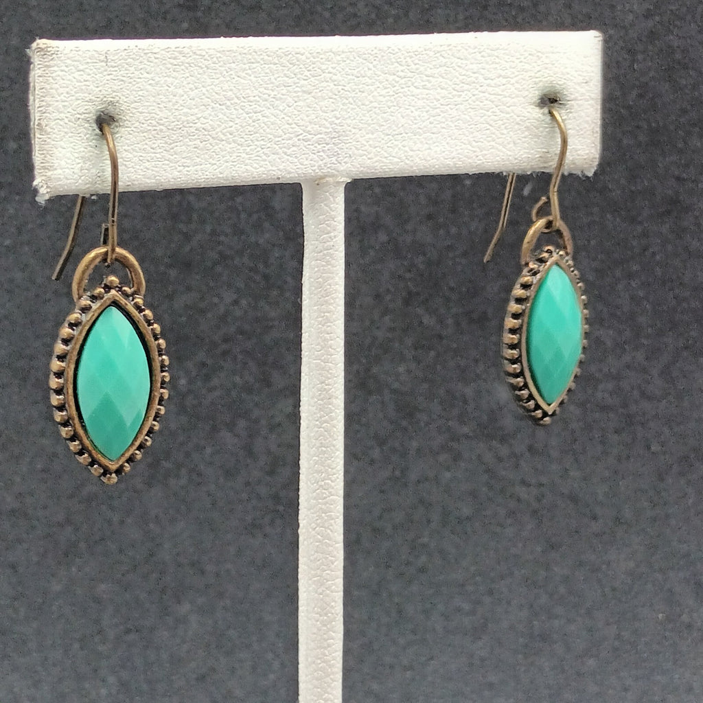 Pierced Earrings Antiqued Gold tone Faceted Faux Turquoise Acrylic Dangle 3/4"