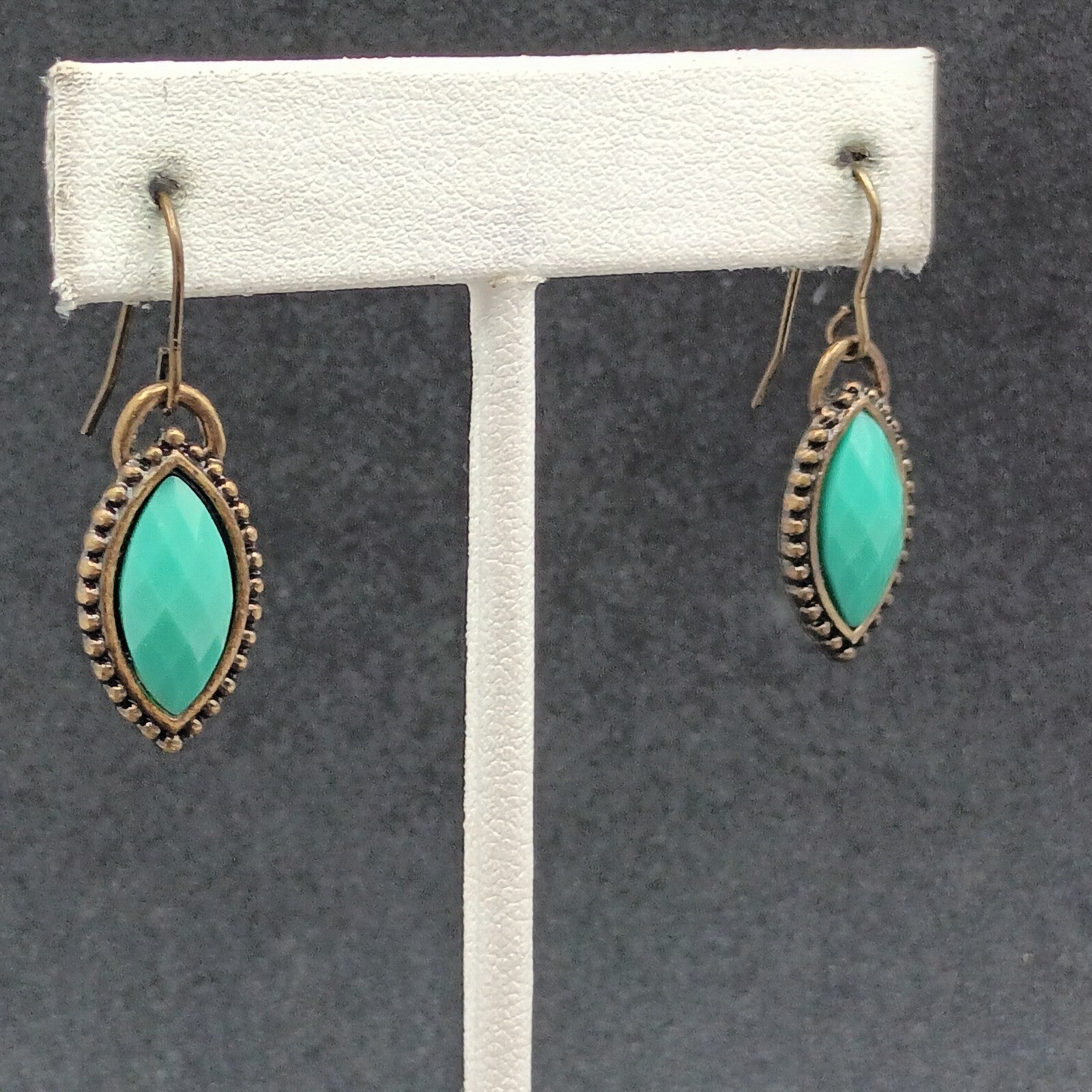 Pierced Earrings Antiqued Gold tone Faceted Faux Turquoise Acrylic Dangle 3/4"